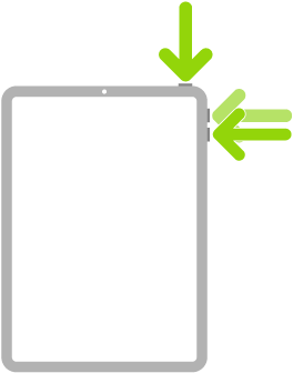 Eine Abbildung des iPad mit Pfeilen, die auf die obere Taste und auf die Lautstärketasten „Lauter“ und „Leiser“ oben rechts zeigen.
