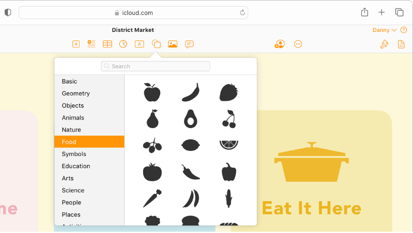 The Shapes library is open, with a list of shape categories to choose from. The Food category is selected and images of food shapes to choose from appear to the right of the category.