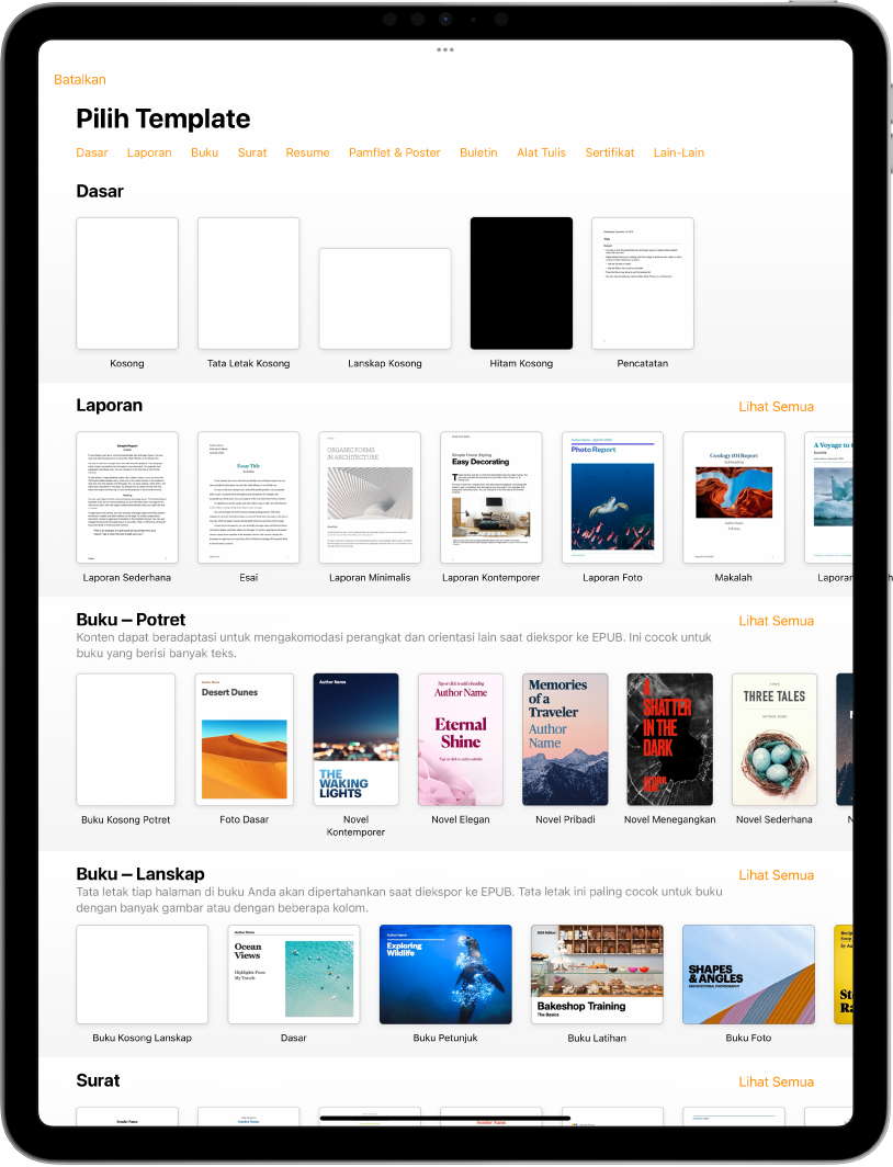 Pemilih template, menampilkan baris kategori di sepanjang bagian atas yang dapat Anda ketuk untuk memfilter pilihan. Di bawah adalah gambar mini template yang dirancang sebelumnya yang diatur menurut kategori, dimulai dengan Terbaru di bagian atas dan diikuti oleh Dasar dan Laporan. Tombol Lihat Semua muncul di atas dan di sebelah kanan setiap baris kategori.