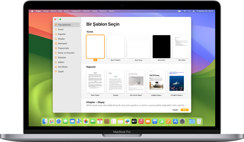 Ekranda Pages şablon seçicinin açık olduğu bir MacBook Pro. Sol tarafta Tüm Şablonlar kategorisi seçili, sağ tarafta ise kategoriye göre satırlar halinde önceden tasarlanmış şablonlar görünüyor.