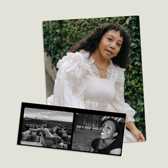 a headshot of nicole ocran in a white dress now, with a film strip style of pictures of virginia and her in her 20s