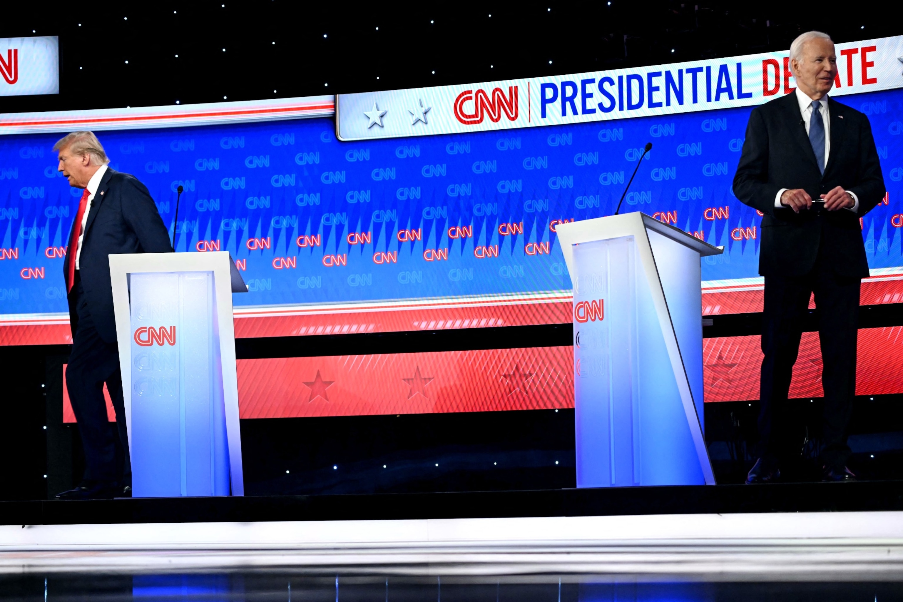 PHOTO: President Joe Biden and former President Donald Trump leave the stage at the end of the first presidential debate of the 2024 elections in Atlanta, June 27, 2024. 