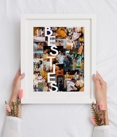 two hands holding up a white framed photo with the word besties in multiple photos
