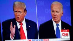 The first presidential debate between U.S. President Joe Biden and former U.S. President and Republican presidential candidate Donald Trump is projected on a screen projector during a watch party hosted by the Michigan Conservative Coalition in Novi, Michigan, U.S., June 27, 2024.