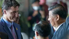 特魯多（中左）與習近平（中右）在��尼巴厘G20峰會會場外交談（加拿大總理府照片15/11/2022）