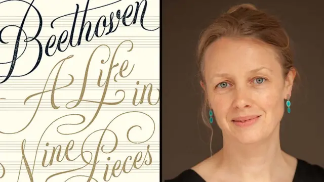 Composite image of the front cover of "Beethoven: a life in nine pieces" and a portrait of Laura Tunbridge