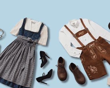 Bereite dich auf das Oktoberfest vor. Sortiment von Oktoberfestprodukten (Dirndl, hohe Schuhe für Frauen, Lederhose, Trachtenschuhe für Männer)