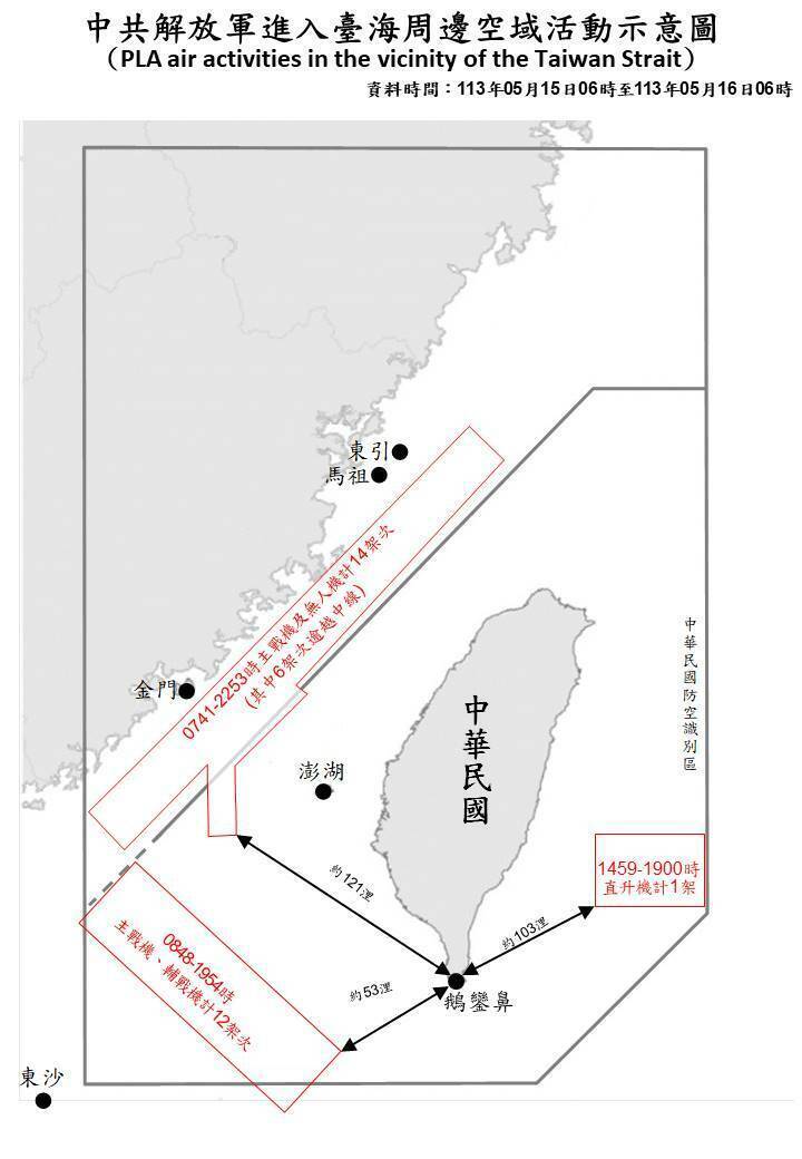 國防部表示，自昨日上午6時至今日上午6時止，偵獲共機27架次逾越海峽中線及進入西南空域，另有共艦7艘次，持續在台海周邊活動。 （國防部提供）