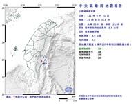 台東鹿野規模3.8地震  最大震度3級