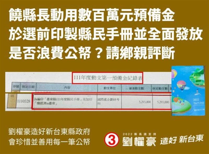 民進黨台東縣長參選人劉櫂豪近日發文宣質疑台東縣長饒慶鈴動用新台幣數百萬元預備金於選前印製縣民手冊並全面發放，是否浪費公帑？如果在台東強震時用來幫助災民，能幫助更多台東人。（劉櫂豪服務處提供）中央社記者盧太城台東傳真 111年11月10日