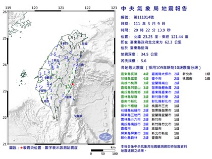 台東近海地震規模5.6 氣象局估未來3天有餘震