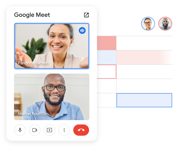 兩名團隊成員在「試算表」中進行 Meet 通話