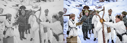 Soldados finlandeses lanzan con un tirachinas granadas a tropas soviéticas. 1940 / Finnish soldiers throw grenades at Soviet troops with a slingshot. 1940.