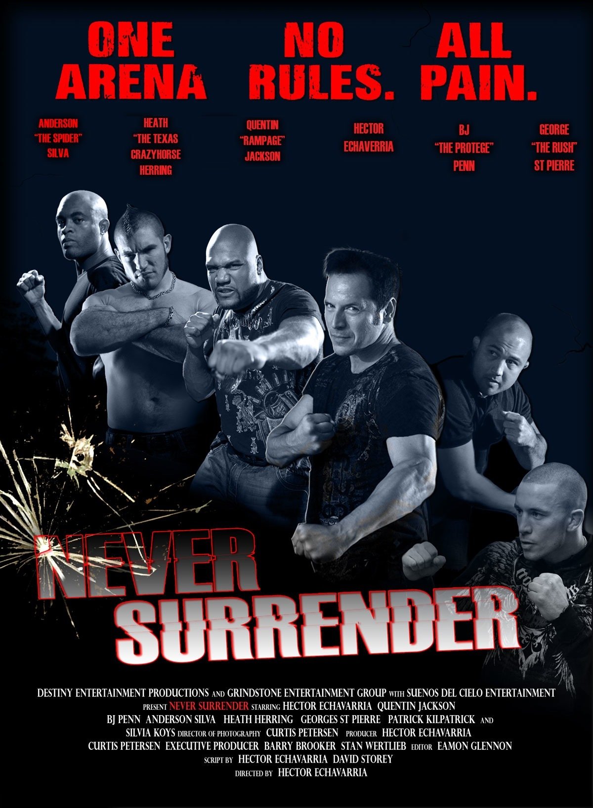 Hector Echavarria, Patrick Kilpatrick, Quinton 'Rampage' Jackson, Georges St-Pierre, B.J. Penn, Anderson Silva, Silvia Koys, and Heath Herring in Never Surrender (2009)