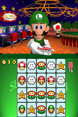 The player participating in the minigame Pair-a-Gone with Luigi as the card dealer. Screenshot from Super Mario 64 DS