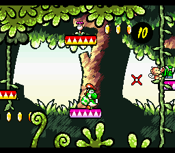 Yoshi about to throw an egg at an Ukiki in More Monkey Madness.