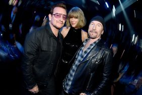 Singer Bono of U2, singer Taylor Swift, and musician The Edge of U2 pose backstage at the iHeartRadio Music Awards which broadcasted live on TBS, TNT, AND TRUTV from The Forum on April 3, 2016 in Inglewood, California.