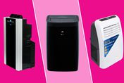 collage of three portable air conditioners we recommend on a pink background
