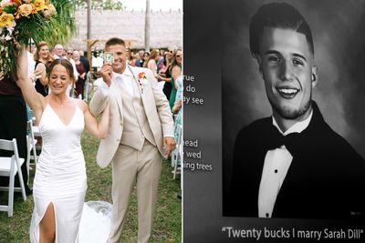 Couple at the wedding with the $20 and yearbook photo