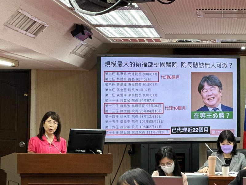 立委陳昭姿質詢表示，王必勝是不是把衛福部桃園醫院長位子留給他自己？薛瑞元回應，「據我所知，他（王必勝）是跟我講沒有」，陳昭姿說，「好，部長（薛瑞元）說沒有，我們等著看」。記者沈能元／攝影