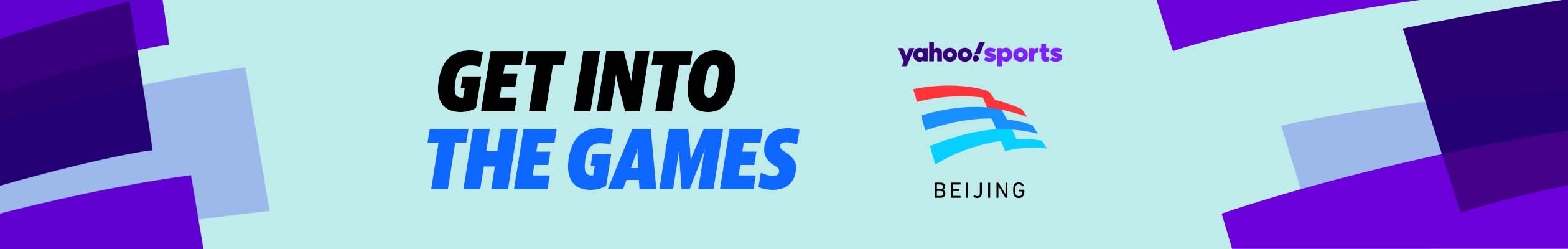 A purple and pale blue banner with horizontal purple rectangles along the left and right side with the text "Get Into The Games" next to a flag-like logo with three horizontal stripes, with the text "Yahoo Sports" and "Beijing" surrounding it. 