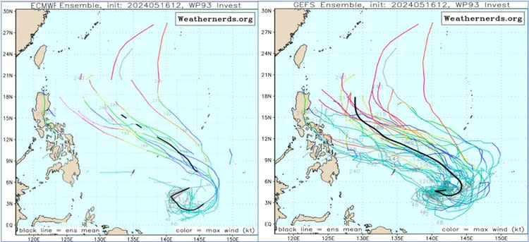 最新（16日20時）歐洲（ECMWF）模式，未來10天系集模擬路徑圖顯示（左），菲律賓東方海面有熱帶擾動活動；美國（GFES）系集模式亦有類似模擬（右），仍需持續觀察。圖擷自weathernerds
