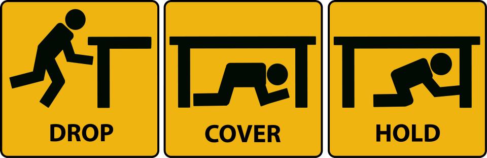 地震發生時，請謹記三個動作：趴下（DROP）、掩護（COVER）、穩住（HOLD ON）。（圖片來源／Getty Images）