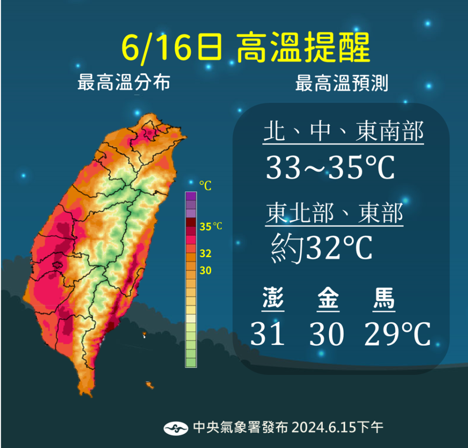 今全台氣溫32度以上，呈現一片紅。（氣象署提供）