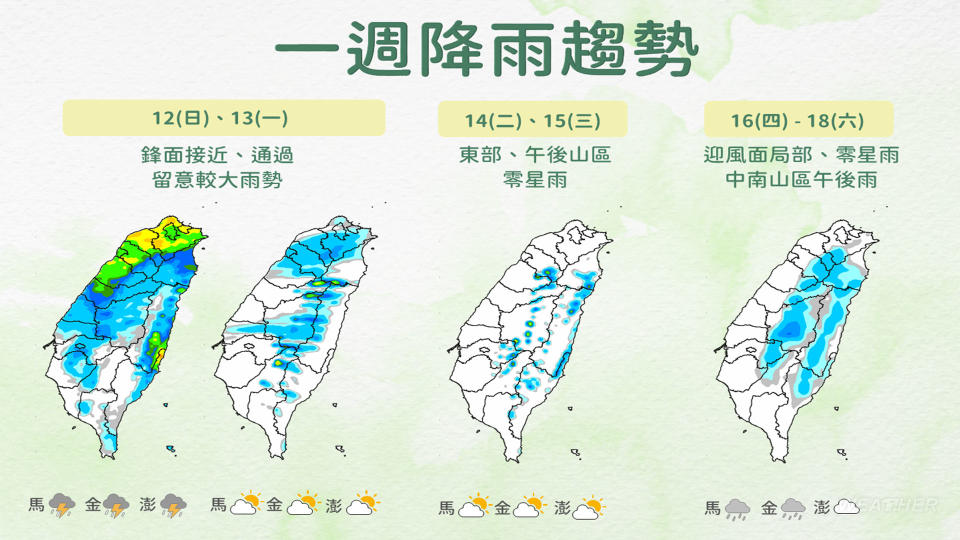 北台灣一片綠黃。（圖／中央氣象署）