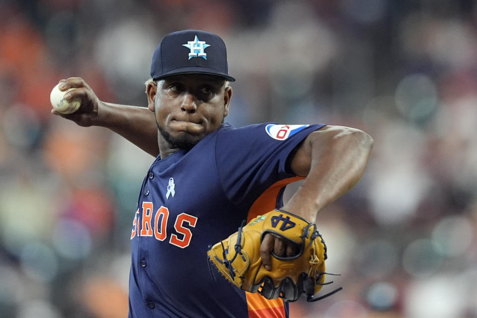 Ronel Blanco didn't allow a Detroit Tigers hit in seven innings on Sunday. (AP Photo/David J. Phillip)