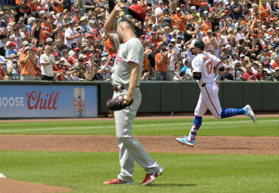 BALTIMORE, MD - JUNE 16: Baltimore Orioles left fielder Colton Cowser (17) celebrates his 2 run home run against Philadelphia Phillies starting pitcher Zack Wheeler (45) during the Philadelphia Phillies versus the Baltimore Orioles on June 16, 2024, at Oriole Park at Camden Yards in Baltimore, MD. (Photo by Mark Goldman/Icon Sportswire via Getty Images)
