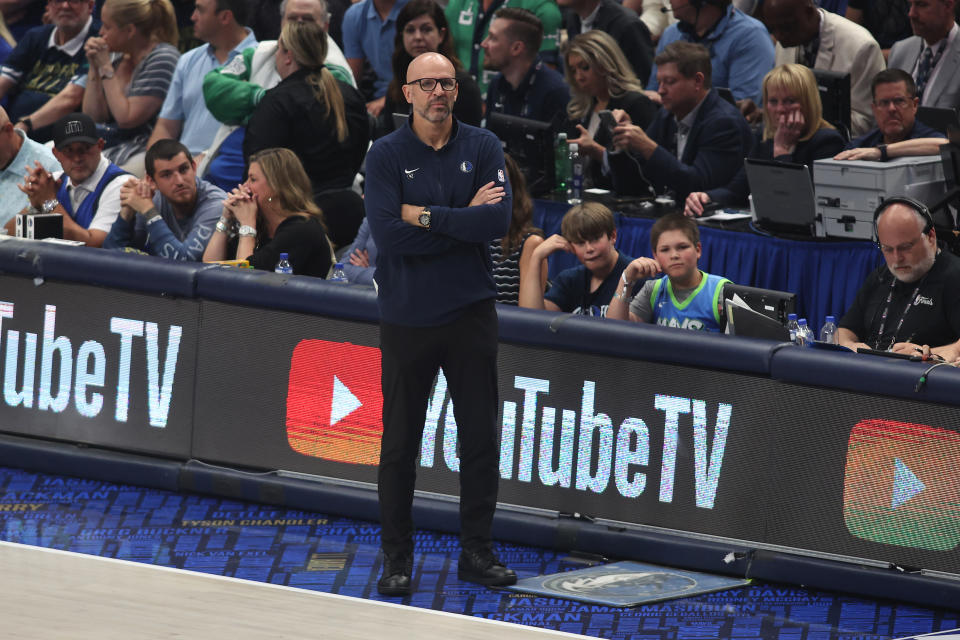 DALLAS, TEXAS - JUNE 12: Head coach Jason Kidd of the Dallas Mavericks looks on in the first quarter against the Boston Celtics in Game Three of the 2024 NBA Finals at American Airlines Center on June 12, 2024 in Dallas, Texas. NOTE TO USER: User expressly acknowledges and agrees that, by downloading and or using this photograph, User is consenting to the terms and conditions of the Getty Images License Agreement. (Photo by Tim Heitman/Getty Images)