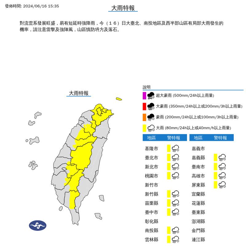 13縣市大雨特報。（圖／翻攝自氣象署）