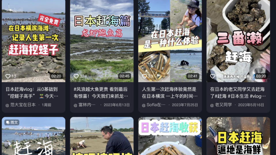 抖音上搜尋「日本趕海」就會有大量的影片，右上方即是盜捕重災區三番瀨的影片。翻攝抖音