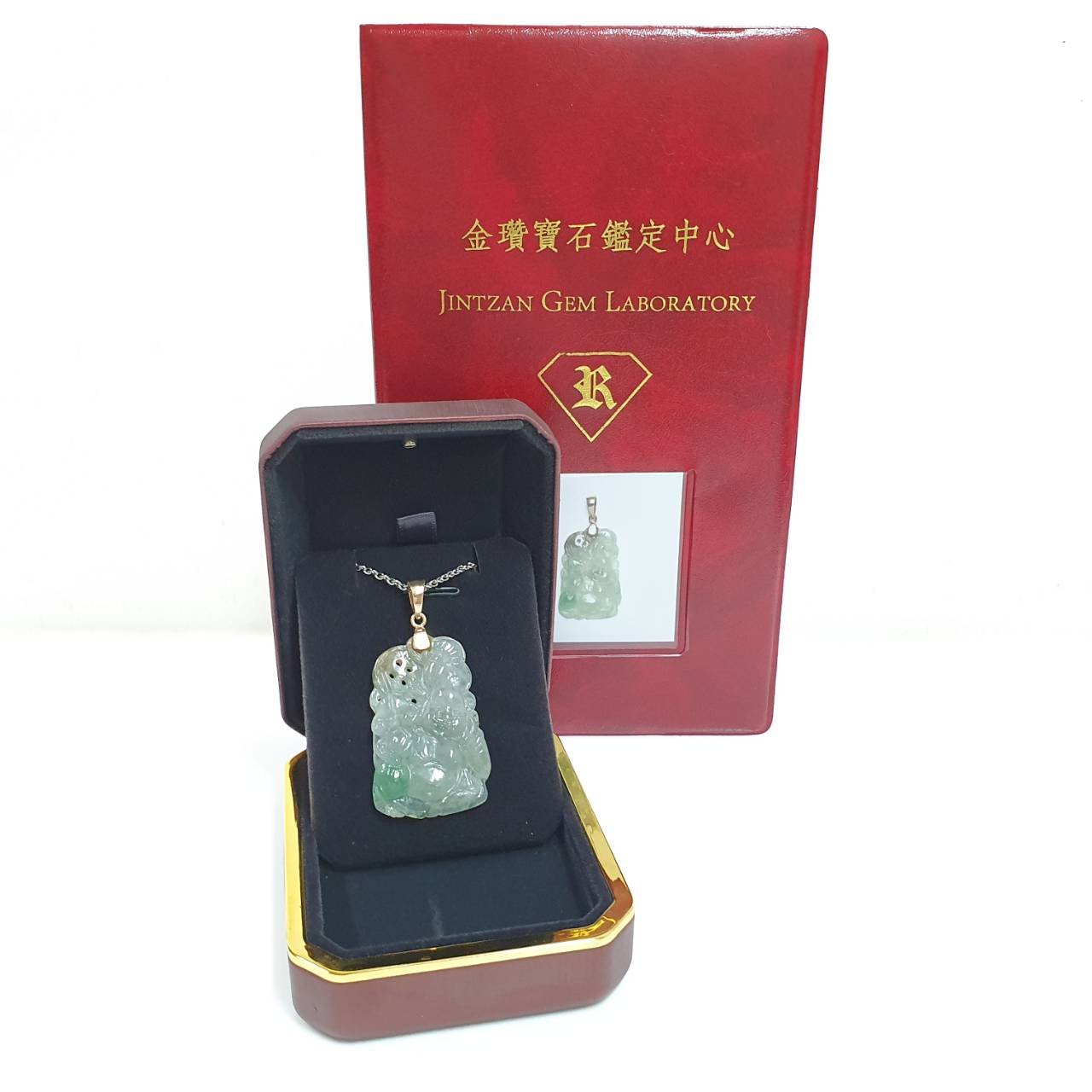 送禮禮物禮品 天然緬甸冰種三彩翡翠A貨 財神彌勒雕刻 585K金墜頭 42x87x65mm 大眾當舖 編號6913