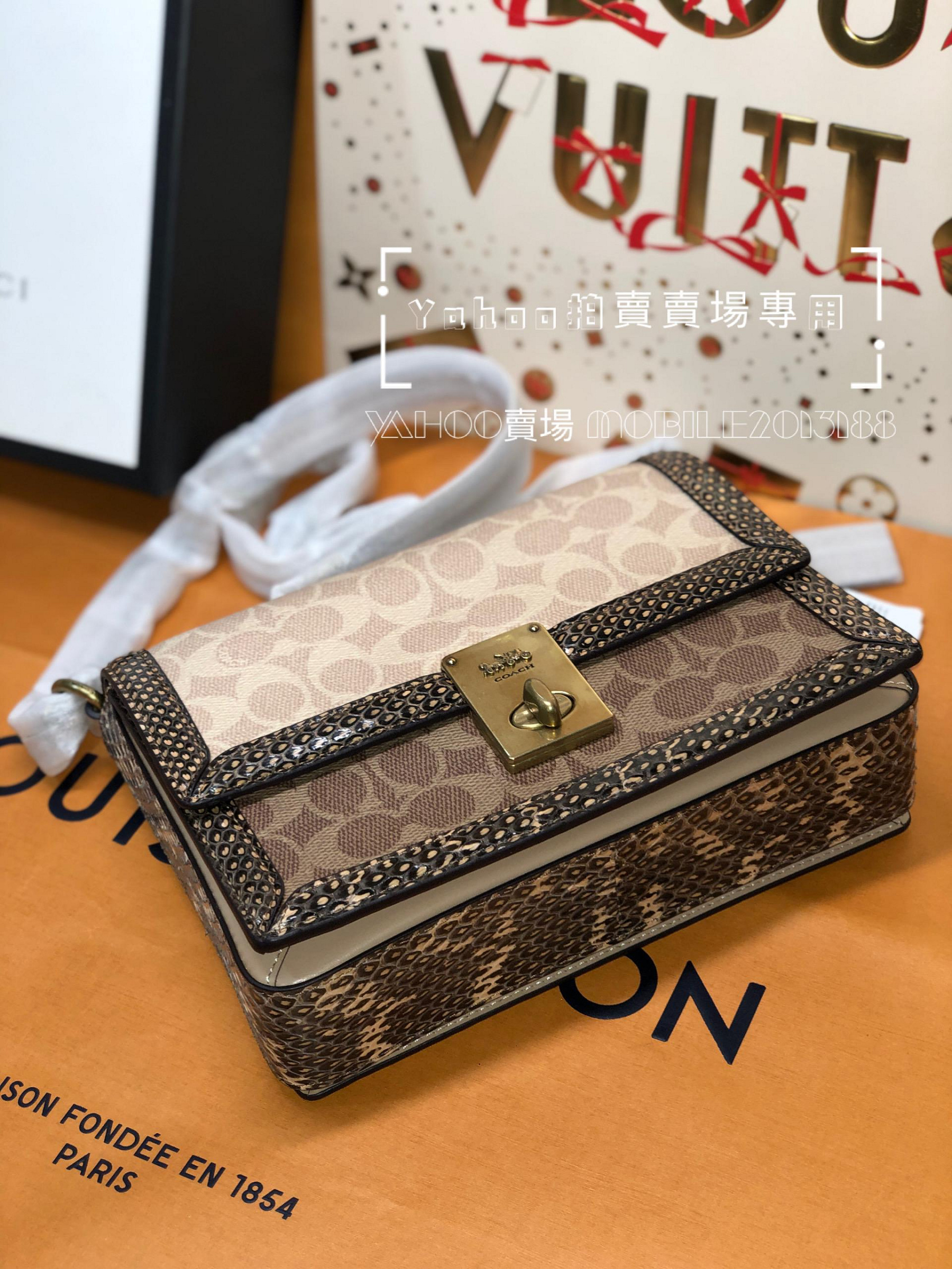 台灣現貨 全新正品 COACH HUTTON 89068 真蛇皮+老花帆布+牛皮 YSL NIKI 流浪包 方型包 CF翻蓋包