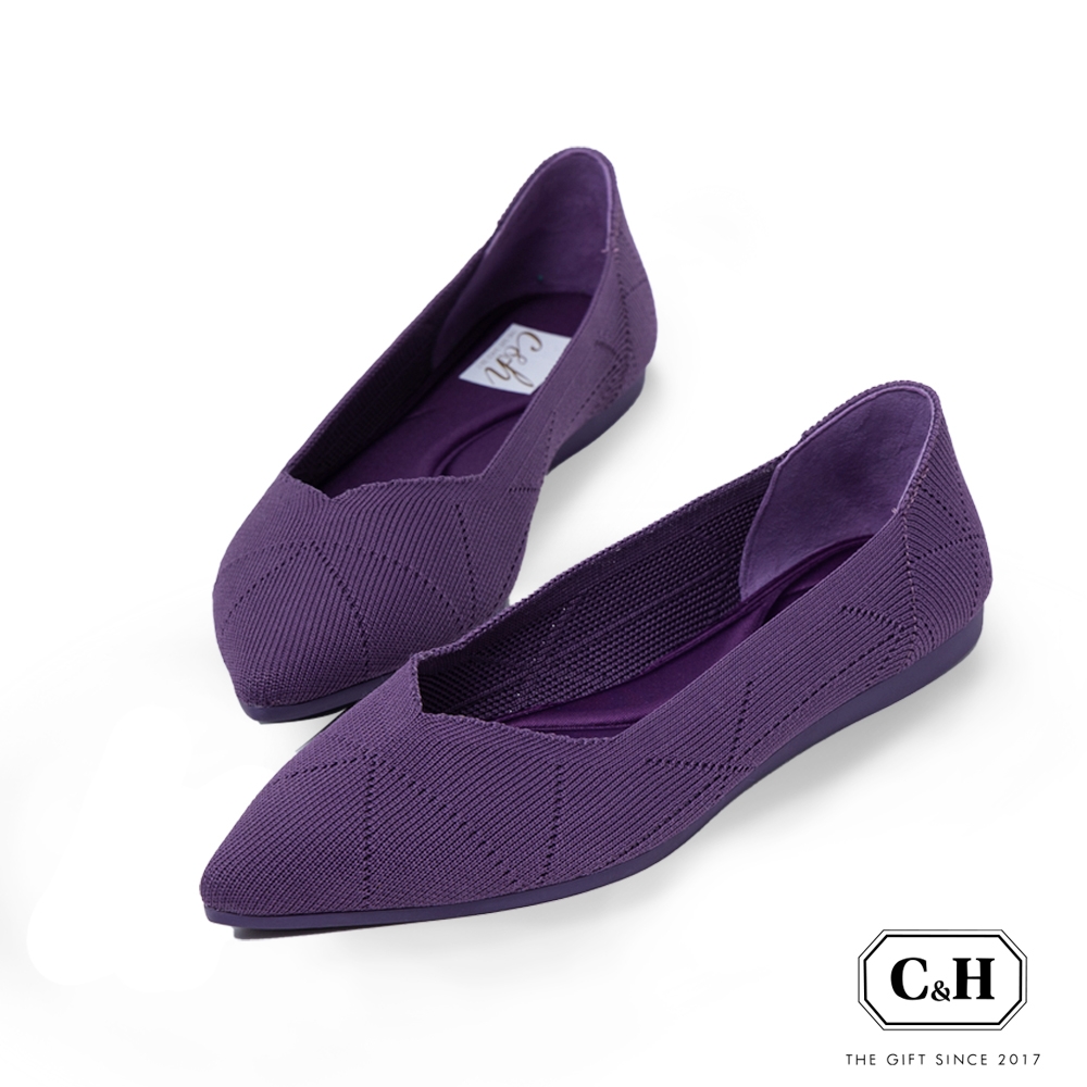 C&H  韓風百搭首選舒適飛織尖頭平底跟鞋-性感紫