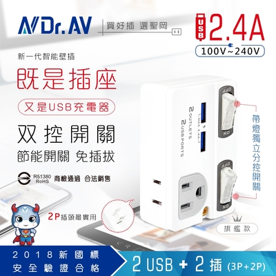 【N Dr.AV聖岡科技】TNT-863U 2USB+2插節能分接插座/USB/充電器/分接器/充電頭/壁插