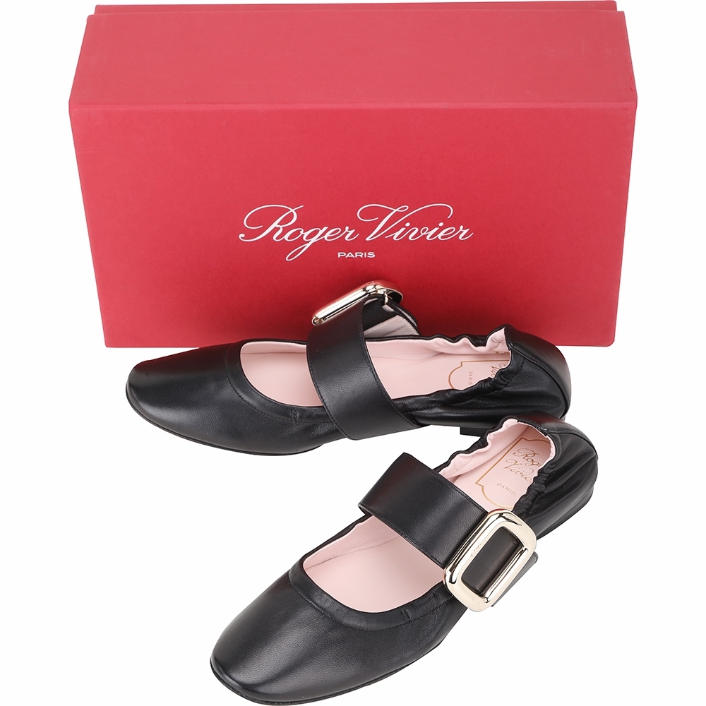 Roger Vivier Viv' Choc Babies 金屬框扣帶柔軟羊皮芭蕾舞鞋(黑色)