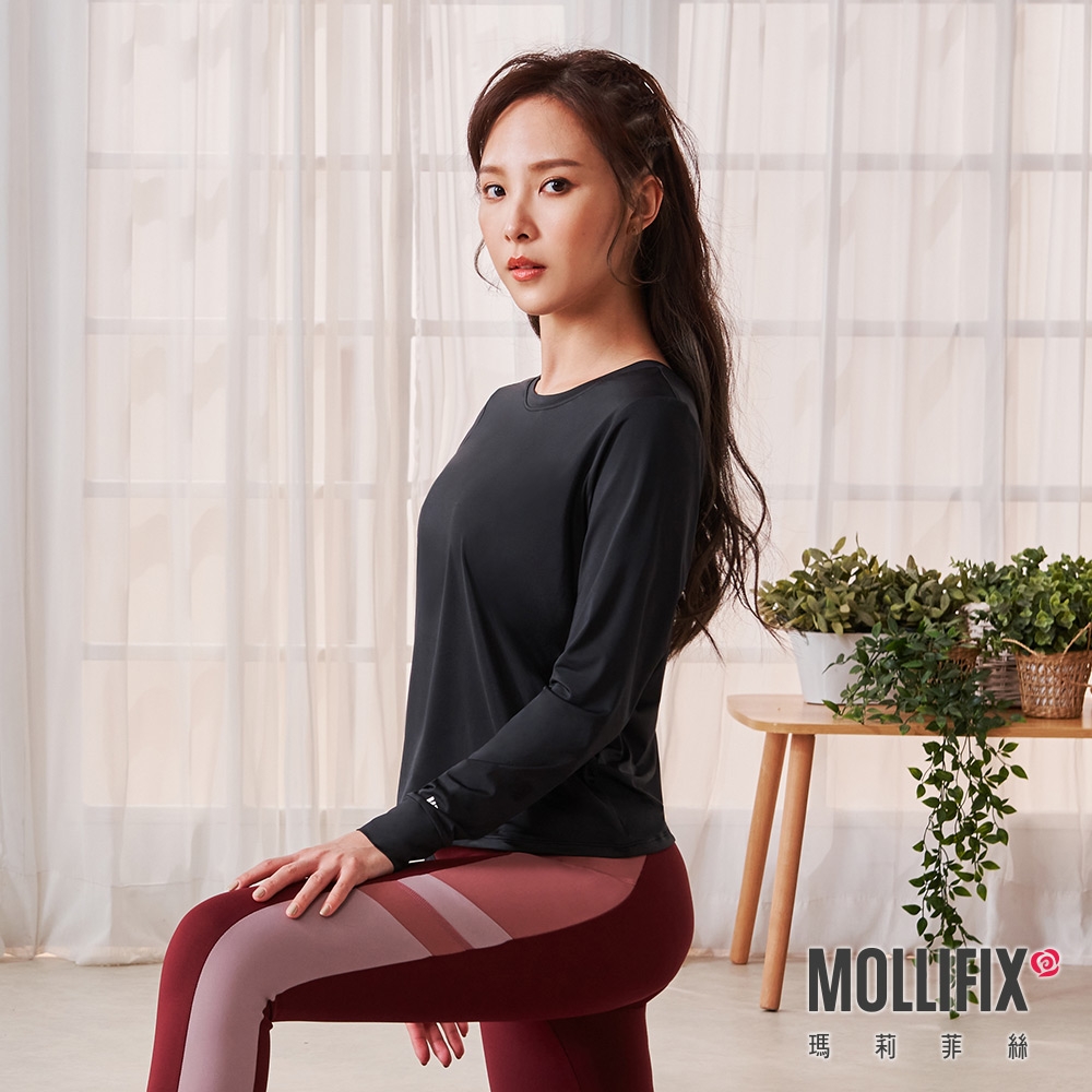 Mollifix 瑪莉菲絲 後交叉長袖訓練上衣 (黑) 暢貨出清、瑜珈服、瑜珈上衣、長T恤、運動服