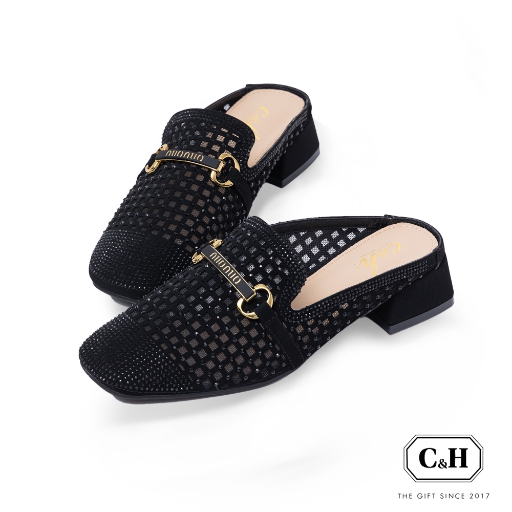 C&H 魅力時尚格紋燙鑽氣質穆勒拖鞋-經典黑