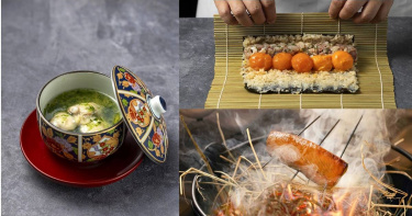 套餐菜色「蛤蜊茶碗蒸」（左）、「海味太捲」（右上）與「鰹魚半敲燒」。（圖／米匠提供，以下同）