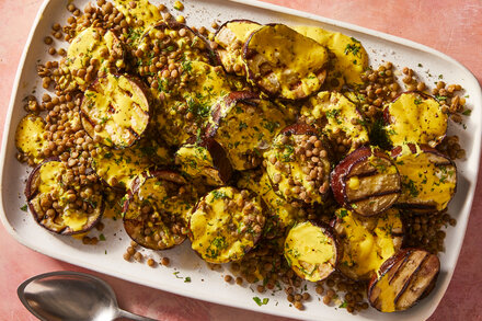 Image for Grilled Eggplant, Herby Lentils and Turmeric Tahini 