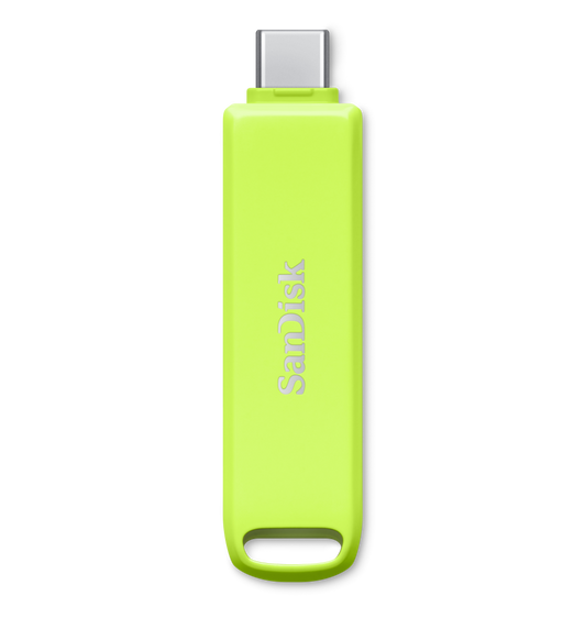 圖片展示綠色 SanDisk® iXpand® Luxe 隨身碟，頂部為 USB-C 連接器，中央為 SanDisk 標誌，底部則為鑰匙圈孔。