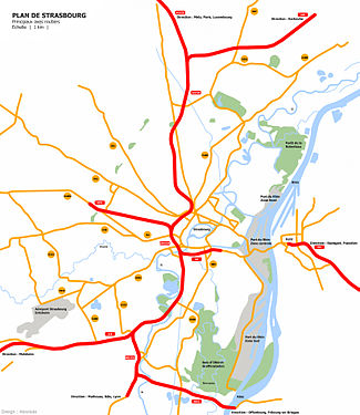 Français : Principaux axes routiers Deutsch: Hauptstraßen English: Main roads