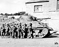 American M4 Sherman tank in Belgian town during WW2