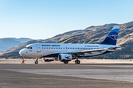 2017-09-12 Atlantic Airways (Faroe Islands) Airbus A319 aircraft (OY-RCG) at Narsarsuaq, Greenland.jpg