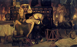 Death of the Pharaoh's firstborn son label QS:Len,"Death of the Pharaoh's firstborn son" label QS:Lpl,"Śmierć pierworodnego syna faraona" label QS:Lnl,"De dood van de eerstgeborene van de Farao" . 20 July 1872. oil on canvas medium QS:P186,Q296955;P186,Q12321255,P518,Q861259 . 77 × 124.5 cm (30.3 × 49 in). Amsterdam, Rijksmuseum Amsterdam.