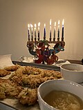 Thumbnail for File:Hanukkah candles and latkes.jpg