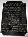 English: Latin plaque commemorating the opening (on April 4, and 22, 1736) of the sarcophagus in which on June 4 1340 the body of saint Peter of Verona had been buried. The plaque stand now on the lobby of the Portinari Chapel belonging to Sant'Eustorgio church in Milan. Picture by Giovanni Dall'Orto, March 1 2007.